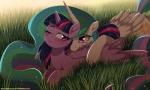2017 allopreening blush cutie_mark digital_media_(artwork) duo equid equine eyelashes feather_preening feathered_wings feathers female female/female feral friendship_is_magic grass hair hasbro hooves horn long_hair lying mammal multicolored_hair multicolored_tail my_little_pony mythological_creature mythological_equine mythology on_front one_eye_closed personal_grooming plant princess_celestia_(mlp) purple_body purple_eyes purple_feathers smile social_grooming sparkles tail twilight_sparkle_(mlp) verawitch white_body white_feathers winged_unicorn wings