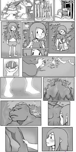 backpack blush building clothed clothing duo female fence grass holding_object holding_pokeball male outside plant pokeball tree ultra_ball using_pokeball wood b-intend nintendo pokemon generation_1_pokemon human humanoid machoke mammal pokemon_(species) 2016 comic hi_res