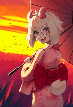 2_horns anthro asian_clothing clothed clothed_anthro clothing east_asian_clothing eyewear fully_clothed fully_clothed_anthro fur glasses green_eyewear green_glasses holding_object holding_parasol horn japanese_clothing kimono looking_at_viewer looking_back looking_back_at_viewer male parasol pink_eyes pink_horn rear_view round_glasses solo tail white_body white_fur aamakuruu deltarune undertale_(series) ralsei bovid caprine goat mammal 2026 half-length_portrait portrait