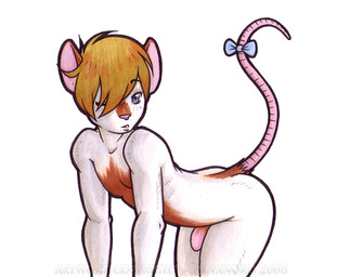 accessory adolescent anthro blonde_hair blue_eyes bow_(feature) bow_accessory bow_ribbon brown_body brown_ears brown_fur eyebrows femboy fur furgonomics genitals hair hair_over_eye male nude one_eye_closed one_eye_obstructed penis pink_ears pink_nose pink_penis pink_tail pose presenting presenting_penis ribbons simple_background solo tail tail_accessory tail_bow tail_ribbon teeth white_background white_body white_fur young young_anthro young_male onnanoko mammal murid murine rat rodent pinup traditional_media_(artwork)