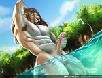 anthro balls big_muscles big_penis bodily_fluids brown_hair cloud cum cum_in_water cumshot dutch_angle ejaculation foreskin fur genital_fluids genitals hair humanoid_genitalia humanoid_penis male masturbation muscular muscular_anthro muscular_male nipple_piercing nipples nude obliques open_mouth partially_submerged penile penile_masturbation penis piercing plant serratus sky solo standing_in_water submerged_balls tan_body tan_fur tree vein veiny_muscles cherry_blossom_kid felid lion mammal pantherine hi_res