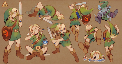 blonde_hair boots bottle clothing container footwear hair hat headgear headwear humanoid_pointy_ears light_body light_skin male melee_weapon milk multiple_poses not_furry pointy_ears pose shield shirt shoes simple_background sitting solo sword topwear triforce tunic underwater water weapon uzucake nintendo ocarina_of_time the_legend_of_zelda young_link humanoid hylian
