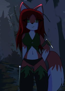 anthro big_tail clothing female female_anthro fox_tail fur green_eyes hair hand_on_hip legwear red_body red_fur red_hair scabbard solo tail thigh_highs topwear vest unlawfulcroww linda_wright canid canine fox hybrid mammal absurd_res hi_res