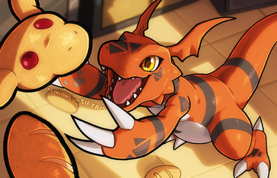bread claws detailed_background fangs feral food happy kitchen red_body red_scales scales solo teeth yellow_eyes blitzdrachin conditional_dnp bandai_namco digimon digimon_(species) guilmon reptile scalie 2022