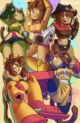 accessory anthro arm_cannon bikini bottomwear clothed clothing costume dress female gun gun_arm hair handgun hat headband headgear headwear kick looking_at_viewer pants ranged_weapon revolver short_hair smile spats standing swimwear tail two-piece_swimsuit weapon weapon_arm papstuko gameoverse glitch_productions kit_bodega domestic_cat felid feline felis mammal 2026 absurd_res hi_res