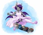 action_pose anthro bat_wings clothed clothing digit_ring dress fangs female footwear hair jewelry legwear membrane_(anatomy) membranous_wings midair panties piercing pose pupils purple_eyes purple_hair ring shoes skateboard slit_pupils solo stockings teeth underwear upskirt vehicle wedding_dress wedding_ring wings replica_(artist) hasbro my_little_pony fan_character nolegs_(oc) speck_(nukepone) bat_pony equid mammal 2019 hi_res