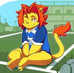 anthro blue_clothing blue_shirt blue_t-shirt blue_topwear bottomless bottomless_anthro bottomless_male claws clothed clothing covering covering_crotch fur male mane multicolored_body multicolored_fur on_ground orange_body orange_eyes orange_fur orange_mane shirt shirt_only sitting soccer_field soccer_uniform solo sportswear t-shirt t-shirt_only toe_claws topwear topwear_only two_tone_body two_tone_fur uniform white_claws yellow_body yellow_fur mousesix morenatsu soutarou_(morenatsu) felid lion mammal pantherine 2023 hi_res