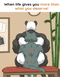 anal anal_penetration anthro bamboo bamboo_tree bench big_butt black_body black_fur black_text blue_body blue_fur blue_tail board bodily_fluids butt clock duo exclamation_point fur holding_another larger_penetrated male male/male muscular muscular_bottom muscular_male notched_ear obscured_penetration orange_text paper penetration photo plant rear_view scar scars_on_back sitting sitting_on_another size_difference small_top_big_bottom sweat sweaty_body tail text tree white_body white_fur wolfhowl beastars gouhin_(beastars) legoshi_(beastars) bear canid canine canis giant_panda mammal wolf hi_res meme