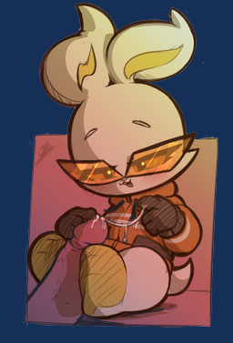 anthro blush chibi clothing duo eyewear feet female foot_fetish foot_play footjob fur genitals glasses gloves handwear human_on_anthro humanoid_genitalia humanoid_penis interspecies jacket lidded_eyes male male/female orange_clothing orange_eyewear penile penis pointy_ears pointy_sunglasses sex tail topwear two-footed_footjob wearing_glasses cryankiebuillar bombun bombun_(kekitopu) human lagomorph leporid mammal rabbit absurd_res alpha_channel hi_res