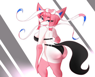 anthro bikini black_bikini black_clothing black_swimwear blue_eyes breasts butt butt_pose clothing eye_through_hair female gloves_(marking) hair leg_markings looking_at_viewer markings medium_breasts pattern_background pink_hair pokemorph pose ribbons_(anatomy) simple_background socks_(marking) solo striped_background swimwear translucent translucent_hair two-piece_swimsuit huegirl19 nintendo pokemon eeveelution generation_6_pokemon pokemon_(species) sylveon hi_res