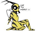 antennae_(anatomy) anthro femboy male mandibles markings simple_background solo text wings yellow_body buffalonium arthropod hymenopteran insect wasp