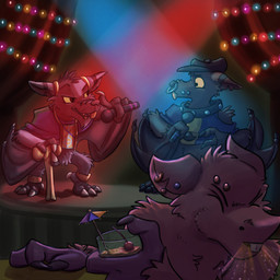 alcohol anklet anthro bar beverage bottomless cane clothed clothing cocktail collar curtains electronics eyebrow_piercing facial_piercing furgonomic_piercing furgonomics group hat headgear headwear jewelry male microphone necklace nose_piercing nose_ring piercing poncho rap_battle ring_piercing spit-take stage string_lights stud_piercing topless crossroadspony raemyshu andee_(rvb_revolution) juwo_(rvb_revolution) mutt_(rvb_revolution) bat mammal 1:1 hi_res