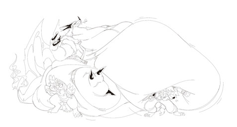 accessory anthro belly big_belly bottomwear claws clothing feral fire group headband horn huge_belly jacket lifting_belly male morbidly_obese obese overweight pants pressed_against size_difference slim tail thick_neck thick_tail thick_thighs tired tired_eyes topwear trio wide_hips boot_(artist) iranian_mythology legendz middle_eastern_mythology mythology greedo_(legendz) leon_the_manticore wolfy_the_werewolf canid canine canis dragon felid mammal manticore mythological_creature mythological_scalie scalie wolf 2025 black_and_white hi_res monochrome sketch