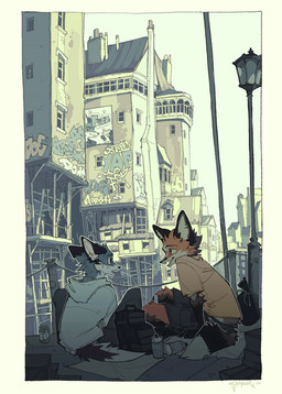 anthro backpack black_body black_bottomwear black_clothing black_fur black_pants black_shorts blue_body blue_clothing blue_fur blue_hoodie blue_topwear bottomwear building city clothed clothing countershade_face countershade_fur countershade_torso countershading detailed_background duo ears_back eye_contact fur graffiti happy hoodie lamp looking_at_another male male_anthro multicolored_body multicolored_fur open_mouth open_smile orange_body orange_fur outside pants pivoted_ears shirt shorts sitting sky slim slim_anthro slim_male smile spray_can tail teeth topwear urban white_body white_countershading white_fur yellow_clothing yellow_shirt yellow_topwear serpent_x canid canine fox mammal hi_res