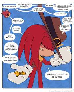 anthro clothing costume dialogue hat headgear headwear male profile solo speech_bubble ticket awkward2eleven sega sonic_the_hedgehog_(series) the_murder_of_sonic_the_hedgehog knuckles_the_echidna echidna macropod mammal marsupial monotreme quokka absurd_res comic hi_res
