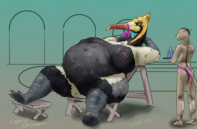 anthro beak big_breasts black_body black_feathers blue_body bottomwear breasts butt clothing duo feathers feet female female_pred fur gradient_background grey_body hands_behind_head inside looking_at_another male membrane_(anatomy) navel nipples pink_bottomwear pink_clothing reclining simple_background smile tan_body tan_fur toes vore waiter webbed_feet white_body white_feathers yellow_body yellow_feathers jeri_kleinlowe avian bird mammal pelecaniform pelican 2023 dated hi_res signature