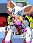 anthro bat big_breasts blue_eyes breasts cleavage clothed clothing dboy duo e-123_omega e-series erection female genitals huge_breasts machine male mammal penis robot rouge_the_bat sega smile sonic_adventure sonic_the_hedgehog_(series)