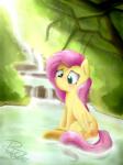 3:4 absurd_res cutie_mark day detailed_background equid equine feathers female feral fluttershy_(mlp) friendship_is_magic hair hasbro hi_res hooves huge_filesize mammal my_little_pony mythological_creature mythological_equine mythology outside pegasus pink_hair plant pucksterv solo tree water waterfall wings yellow_body yellow_feathers