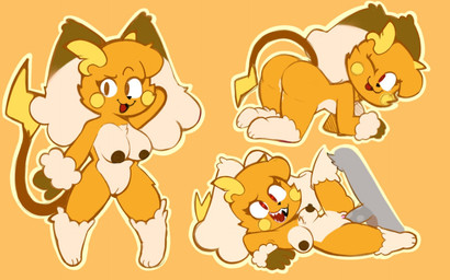 all_fours anthro areola arm_tuft big_butt big_ears black_nose breasts brown_areola brown_eyes brown_nipples butt dipstick_tail disembodied_penis eyelashes female floppy_ears front_view fur fusion genitals long_ears looking_back lop_ears lying male male/female markings nipples on_back open_mouth open_smile orange_background orange_body orange_fur penetration penis pokemon_fusion red_eyes rosy_cheeks sex sharp_teeth simple_background smile solo tail tail_markings teeth thick_thighs tuft vaginal vaginal_penetration vulva white_body white_fur wide_hips wrist_tuft heyomaerow nintendo pokemon raipunny generation_1_pokemon generation_4_pokemon hybrid lopunny pokemon_(species) raichu hi_res