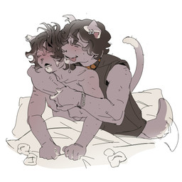 anthro blush bodily_fluids bracelet brown_hair clothed clothing collar dripping duo ear_piercing ear_ring eyes_closed floppy_ears fluffy fluffy_tail grey_body grey_skin hair hug hugging_another ill jewelry long_tail male muscular open_mouth piercing ring_piercing saliva saliva_drip short_hair simple_background sleeveless_shirt snot snot_string snout tail tongue tongue_out topless under_covers ddcrushh dylan_(ddcrushh) canid canine felid feline mammal 1:1 digital_drawing_(artwork) digital_media_(artwork) hi_res trans_(lore) trans_man_(lore)