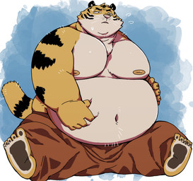 anthro belly big_belly big_moobs bottomwear clothing feet kemono male moobs navel nipples overweight overweight_male pants pink_nose simple_background sitting solo arufina_w felid mammal pantherine tiger 2025 absurd_res hi_res
