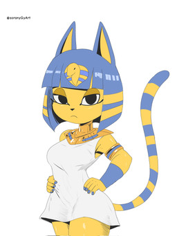 accessory anthro armlet blue_hair blue_nails bob_cut breasts clothing colored_nails dress egyptian eyeliner female frown fur hair kalasiris looking_at_viewer makeup markings medium_breasts nails short_dress simple_background solo striped_markings striped_tail stripes tail tail_markings uraeus usekh white_background wide_hips yellow_body yellow_fur soranygyart animal_crossing nintendo ankha_(animal_crossing) felid mammal 2026 3:4 hi_res portrait three-quarter_portrait