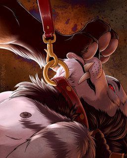 black_body black_fur braided_hair brown_body brown_fur collar countershade_face countershading fangs feet foot_fetish forced fur grey_body grey_fur hair leash leash_pull licking looking_at_another looking_pleasured nipples offscreen_dominant pawpads pink_pawpads red_eyes sabertooth_(anatomy) simple_background submissive teeth textured_background tongue tongue_out white_body white_fur marjani canid canine canis mammal wolf 2026 digital_drawing_(artwork) digital_media_(artwork) hi_res signature