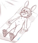 anthro blush female flat_chested genitals hair lying navel nipples nude on_back pussy short_hair solo sunbathing young young_anthro young_female domzywomzy izzy_(doomhelm) lagomorph leporid mammal rabbit absurd_res hi_res