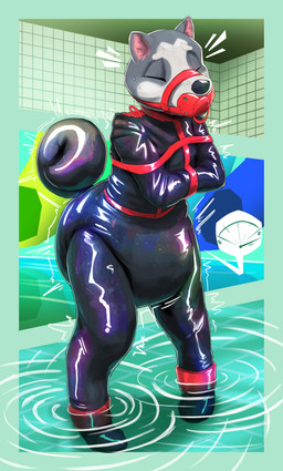 ambiguous_gender ankle_cuffs anthro bdsm bdsm_gear black_nose bodily_fluids bodysuit border clean_diaper clothed clothing cuff_(restraint) curled_tail detailed_background diaper diaper_under_clothing diaper_under_latex diaper_under_skinsuit eyes_closed fur gag glistening glistening_latex green_border grey_body grey_fur harness harness_pacifier_gag inside latex latex_clothing latex_skinsuit muzzle_(object) muzzled object_in_mouth omorashi pacifier pacifier_gag pacifier_in_mouth partially_submerged pink_inner_ear red_harness red_pacifier restraints skinsuit slide solo standing straitjacket sweat swimming_pool tail three-quarter_view tight_clothing tile tile_wall urine_meter wall_(structure) water_ripple water_slide wearing_diaper sexotheque the_backrooms canid canine canis domestic_dog mammal 2025 absurd_res full-length_portrait hi_res portrait