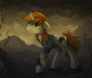 alternate_universe brown_hair clothed clothed_feral clothing cutie_mark day detailed_background female feral fur green_eyes grey_body grey_fur hair hooves horn outside sky solo standing wastes hioshiru fallout fallout_equestria hasbro microsoft my_little_pony mythology fan_character littlepip equid equine mammal mythological_creature mythological_equine unicorn digital_media_(artwork)