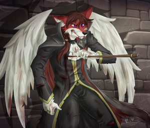 anthro blood bodily_fluids fangs feathered_wings feathers male purple_eyes solo teeth wings wounded violavirus canid canine fox mammal vampire 2015 hi_res