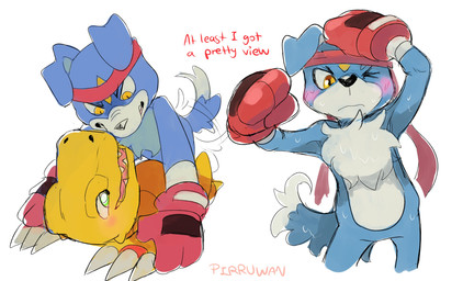 anthro blue_body blue_fur blush boxing_gloves clothing duo embarrassed fur handwear male male/male pinned pinned_to_ground text yellow_body pirruwan bandai_namco digimon agumon digimon_(species) gaomon absurd_res english_text hi_res