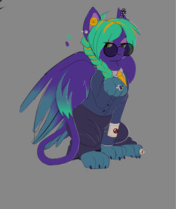 accessory blonde_hair blue_body blue_fur clothing dress eyewear female feral fur glasses hair hairless jewelry necktie paws simple_background sitting solo suit tail wings villegreen hasbro my_little_pony mythology avian domestic_cat felid feline felis gryphon hairless_cat mammal mythological_avian mythological_creature sphynx_(cat) hi_res tagme