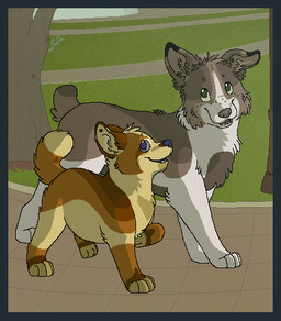 ambiguous_gender blue_eyes blue_nose border brown_body brown_fur brown_nose day detailed_background digitigrade duo feral fur grass green_eyes green_sclera grey_border grey_sclera open_mouth open_smile outside paws plant raised_tail short_tail smile snout standing tail tan_body tan_fur tan_inner_ear toony tree white_body white_fur sebdoggo blue_(sebdoggo) border_collie canid canine canis collie domestic_dog herding_dog mammal mixed_breed pastoral_dog sheepdog welsh_corgi 2013 aliasing cel_shading digital_drawing_(artwork) digital_media_(artwork) microsoft_paint_(artwork) shaded trans_(lore) trans_man_(lore)
