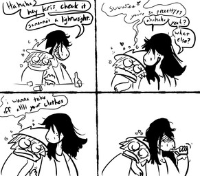 blush bodily_fluids drunk female fur hair heart_symbol male scarf substance_intoxication sweat text the_weaver deltarune undertale_(series) ralsei susie_(deltarune) bovid caprine darkner goat lightner mammal reptile scalie 2018 black_and_white comic digital_drawing_(artwork) digital_media_(artwork) english_text monochrome