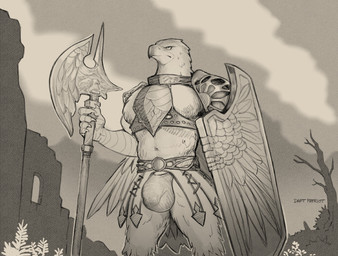 anthro armor axe beak bulge holding_axe holding_object holding_shield male male_anthro muscular shield solo daftpatriot elden_ring_nightreign fromsoftware guardian_(nightreign) accipitrid accipitriform avian bird 2025 greyscale hi_res monochrome