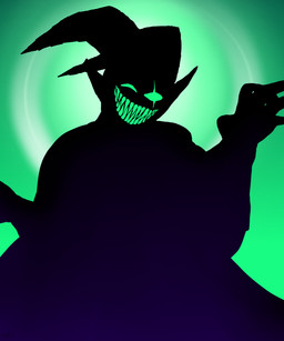 ambiguous_gender cape clothing eye_scar facial_scar fool's_hat gloves handwear hat headgear headwear jester scar sharp_teeth smile smiling_at_viewer solo teeth m4n data_(vhsdaii) humanoid imp monster 5:6 absurd_res hi_res male_(lore)