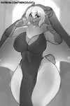 anthro big_breasts breasts cleavage clothed clothing facial_piercing female nose_piercing piercing septum_piercing solo text thick_thighs wide_hips thericegoat bella_(terraapple) bovid caprine mammal 2:3 digital_media_(artwork) hi_res monochrome shaded url