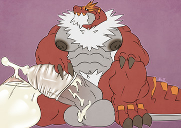 abs anthro ball_tuft balls barazoku big_nipples big_penis bodily_fluids catch_condom claws condom cum cum_drip cumshot dripping ejaculation embarrased_horny embarrassed erection excessive_cum excessive_genital_fluids filled_condom flustered fur genital_fluids genitals grey_body hand_on_penis heavy_balls huge_penis huge_thighs hyper hyper_genitalia hyper_penis hyper_thighs looking_at_viewer male masturbation moobs muscular muscular_anthro neck_tuft nervous nipple_outline nipples non-mammal_balls non-mammal_nipples orange_accents orgasm penile penile_masturbation penis red_body red_scales scales sexual_barrier_device shy solo spikes stroking_penis tail teeth_showing thick_thighs toe_claws tuft vein veiny_penis wearing_condom white_body white_fur worried kazushi mythology nintendo pokemon dinosaur dragon fossil_pokemon generation_6_pokemon mythological_creature mythological_scalie pokemon_(species) prehistoric_species reptile scalie tyrantrum hi_res
