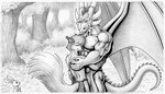 2024 7:4 abs anthro biceps bottomwear bulge canid canine clothing dragon duo embrace european_mythology eyes_closed farin forest fox geminisaint grass horn hug intimate lagomorph leporid loincloth male male/male mammal membrane_(anatomy) membranous_wings monochrome mythological_creature mythological_scalie mythology nipples pecs plant rabbit romantic romantic_couple scalie sekk'ral size_difference smile tail tree vein veiny_muscles western_dragon wings