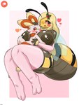 2_toes 3_fingers accessory ambiguous_gender antennae_(anatomy) anthro areola arm_warmers armwear arthropod_abdomen bandage between_breasts big_breasts big_butt biped black_areola black_nipples blonde_hair blush blush_lines breasts brown_body buckteeth butt clothed clothing duo eye_contact eyebrows eyelashes feet female female/ambiguous fingers flower fur geometric_background glistening glistening_body hair hand_on_head heart_symbol hug huge_breasts insect_wings larger_female legwear looking_at_another multicolored_body multicolored_ears neck_tuft nipples non-mammal_breasts nude one_eye_closed one_eye_obstructed open_mouth open_smile orange_eyes pawpads paws pink_eyes plant simple_background size_difference smaller_ambiguous smile tail tan_body teeth thick_thighs thigh_highs three-quarter_view toes tuft wide_hips wings yellow_body woebeeme nintendo patreon pokemon blossom_(thousandfoldfeathers) arthropod bee generation_8_pokemon hymenopteran insect lagomorph mammal pokemon_(species) scorbunny 2025 absurd_res digital_drawing_(artwork) digital_media_(artwork) hi_res