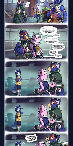 anthro beak blue_body blue_feathers blue_fur blue_hair breasts clothed clothing dialogue feathers female fur green_body group hair humor male male/female navel pink_body pink_fur text white_body white_fur baban chilllum nintendo star_fox falco_lombardi katt_monroe krystal_(star_fox) slippy_toad amphibian avian bird canid canine domestic_cat falcon falconid felid feline felis fox frog mammal 2025 absurd_res comic digital_media_(artwork) english_text hi_res