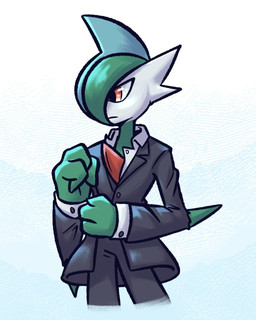 3_fingers black_bottomwear black_clothing black_pants black_suit bottomwear clothing fingers frown green_body green_hair green_skin hair male not_furry one_eye_obstructed orange_eyes pants shirt simple_background solo suit thin_thighs topwear white_clothing white_face white_shirt white_topwear advos nintendo pokemon gallade generation_4_pokemon humanoid pokemon_(species) 4:5 digital_media_(artwork) hi_res portrait