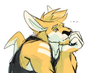 anthro arm_markings black_clothing black_topwear blonde_hair blue_eyes clothed clothing fur hair male male_anthro markings mouth_closed narrowed_eyes short_hair shoulder_markings simple_background solo topwear white_background white_body white_fur white_markings yellow_body yellow_fur solaxe_(artist) solaxe kangaroo macropod mammal marsupial 4:3 hi_res