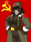 anthro anya_(droll3) areola areola_slip bear big_breasts black_nose bottomless breasts brown_hair clothed clothing droll3 fangs female hair hammer_and_sickle hands_on_hips hat headgear headwear hi_res huge_breasts jacket long_hair mammal mature_anthro mature_female nipple_outline parody pose russia russian solo soviet_union star teeth topwear ushanka world_war world_war_2