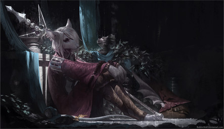 anthro biped claws clothed clothing curtains dark eyelashes female hair hat headgear headwear melee_weapon plant polearm sitting solo spear toe_claws weapon white_hair bubblewolf final_fantasy final_fantasy_ix square_enix freya_crescent burmecian mammal murid murine rat rodent