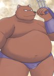 anthro belly big_belly black_nose bodily_fluids brown_body humanoid_hands kemono male moobs navel obese obese_male overweight overweight_male solo sweat marumu_5656 dragon_quest square_enix canid jumping_jackal mammal 2022 hi_res