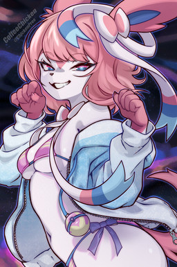 5_fingers anthro anthrofied bikini bikini_bottom bikini_top biped blue_eyes breasts claws clothed clothed_anthro clothed_female clothing female female_anthro fingers fur hair happy jacket looking_at_viewer multicolored_body navel open_clothing open_topwear partially_clothed_anthro partially_clothed_female pink_body pink_fur pink_hair pokeball pokemorph ribbons_(anatomy) short_hair simple_background small_breasts smile solo standing swimwear tail teeth topwear two-piece_swimsuit two_tone_body white_body white_fur coffeechicken nintendo pokemon eeveelution generation_6_pokemon pokemon_(species) sylveon 2026 digital_drawing_(artwork) digital_media_(artwork) hi_res