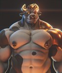 2023 2_horns 3d_(artwork) abs anthro biceps black_background black_body black_fur black_sclera blind_eye blonde_hair bovid bovine cattle deltoids digital_media_(artwork) duke_smith_(character) dukesmith3d ear_piercing ear_ring eye_scar facial_hair facial_piercing facial_scar fur goatee gold_lighting gold_ring hair hi_res horn looking_at_viewer male mammal markings multicolored_body multicolored_fur muscular muscular_anthro muscular_male navel nipple_piercing nipple_ring nipples nose_piercing nose_ring orange_lighting pecs piercing ring_piercing scar septum_piercing septum_ring shirtless simple_background solo spots spotted_body spotted_fur two_tone_body two_tone_fur white_body white_fur yellow_eyes yellow_horn yellow_lighting