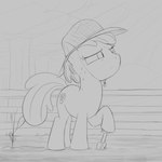 adolescent aged_up bodily_fluids clothing dirt female fence feral hat headgear headwear solo sweat trowel young dtcx97 friendship_is_magic hasbro my_little_pony apple_bloom_(mlp) earth_pony equid equine horse mammal pony 1:1 hi_res monochrome sketch